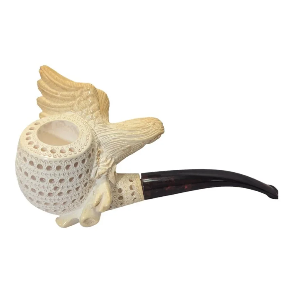 Vintage Hand-Carved Meerschaum Eagle Head Wings Tobacco Pipe With Case Unused - Picture 7 of 13